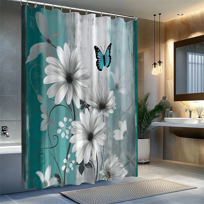 1pc White Daisies & Blue Butterflies Shower Curtain - Serene Floral Design with Teal & White Gradient Background, Modern Vintage