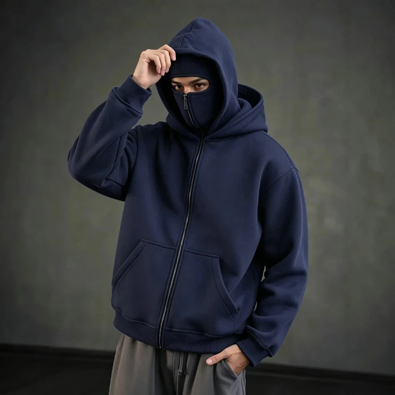 Men's Winter Autumn Fleece Balaclava Double Hooded Pullover With Zipper And Large Pocket Jacket For Outdoor Leisure & Sportswear
