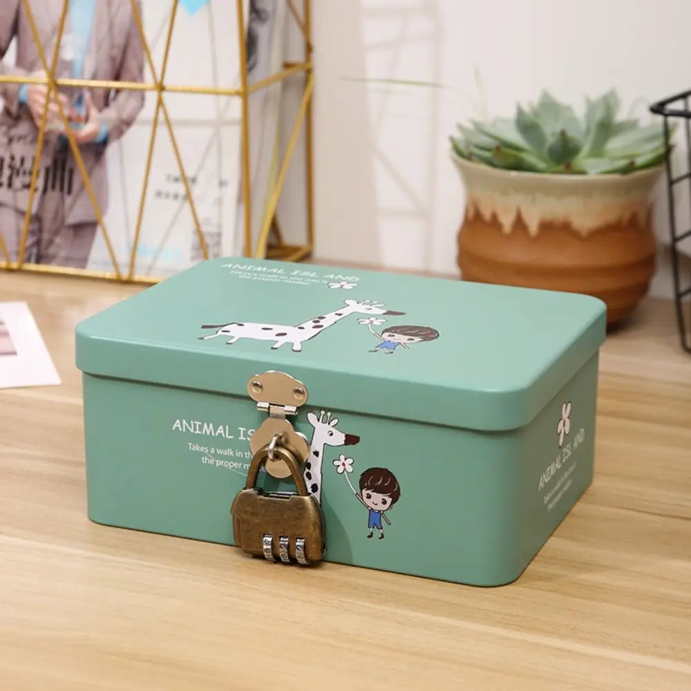 Cute Large Capacity Tinplate Box with Lock Key Desktop Storage Case Metal Box Jewelry Storage Empty Box