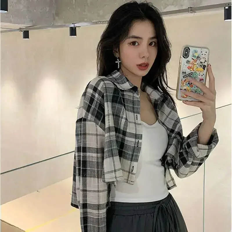 Shirts Women Sun-proof Plaid Fashion Thin Crop Top Korean Style College All-match Loose Ladies Harajuku Leisure Sexy Ins Mujer