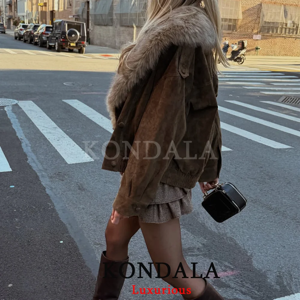 Kondala casual chique verde camurça jaquetas femininas com decote em v gola de pele botões duplos casacos moda 2026 primavera streetwear outwears