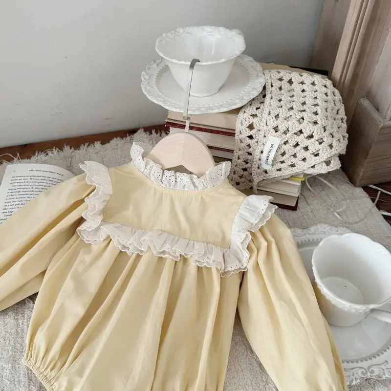 2024 Lace Patchwork Sweet Newborn Baby Girl Romper Clothes Round Neck Cotton Toddler Bodysuit Daily Kids Girls Toddler Playwear