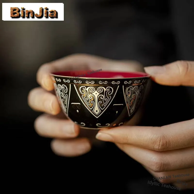 60ml Handmade Imitation Lacquer Black Red Master Cup Boutique Gold Silver Bronze Pattern Teacup Meditation Tea Bowl Tea Services