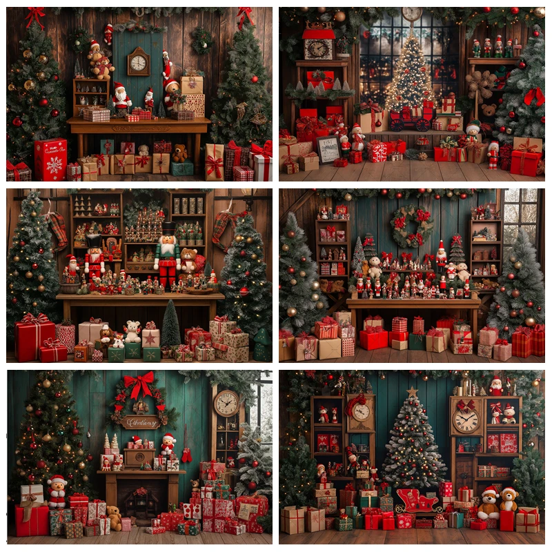 

Santa Claus Workshop Background Photography Christmas Tree Gift Clock Wooden Window Backdrop Kids Winter Birthday Photo Studio