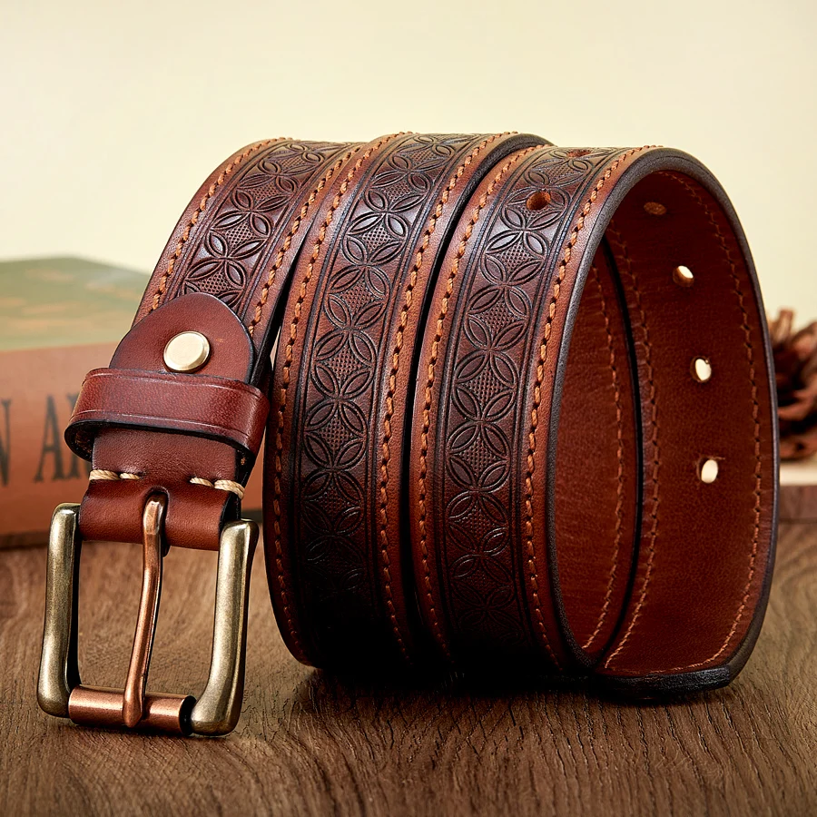 

High Quality Embossed Western Cowboy Brass Buckle Belt Real Thick Genuine Leather Designer Men Belt Punk Jeans Belts For Men