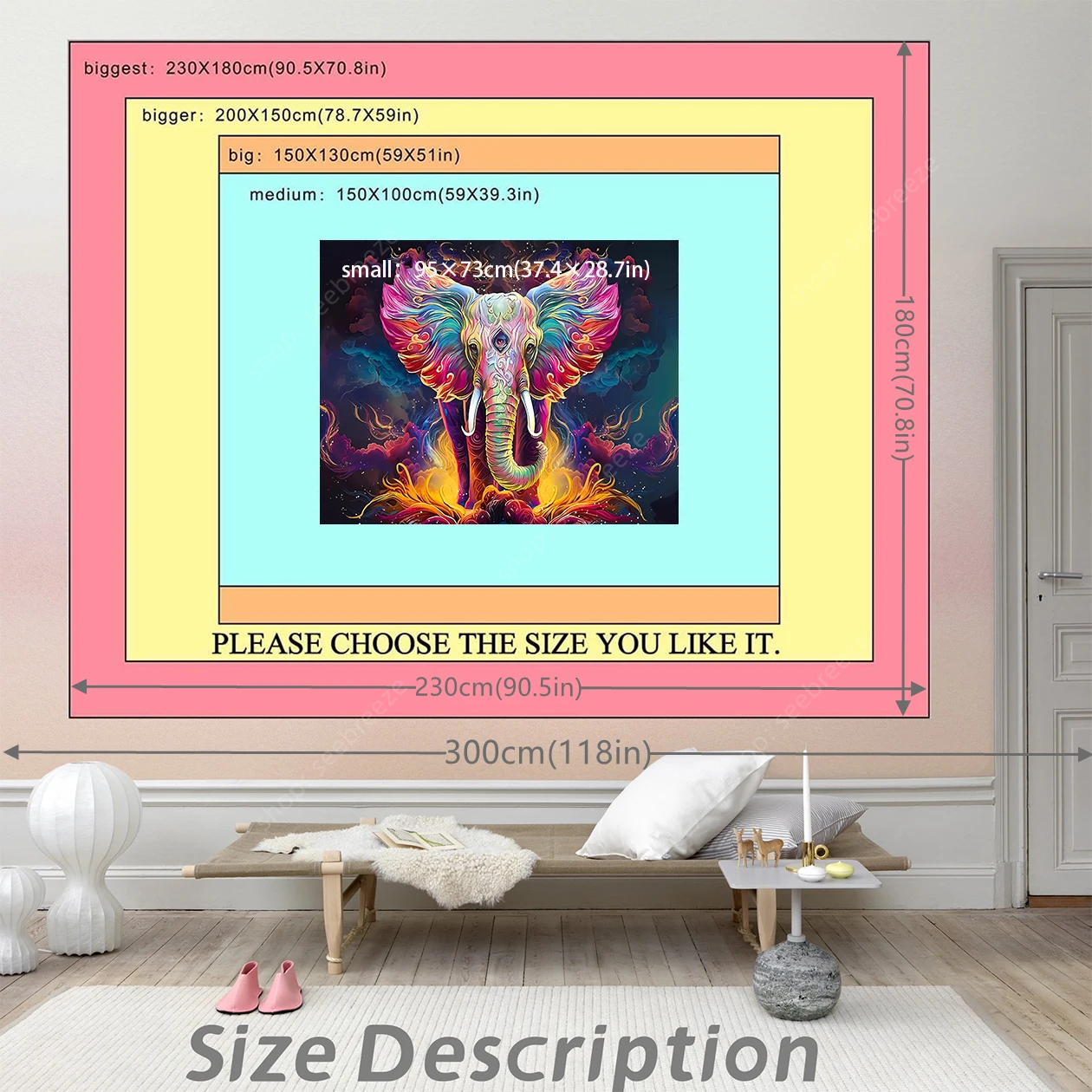 Trippy Elephant Tapestry Boho Watercolor Elephant Wall Tapestry Aesthetic Colorful Cloud Poster Spiritual Meditation Tapestries