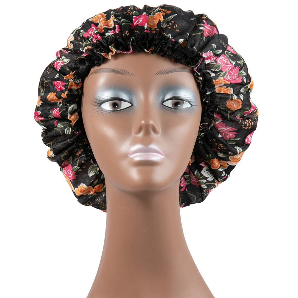 Floral Print Satin Bonnet Women Wide Elastic Band Silk Sleep Cap Night Hair Wrap Hat For Curly Natural Hair Care