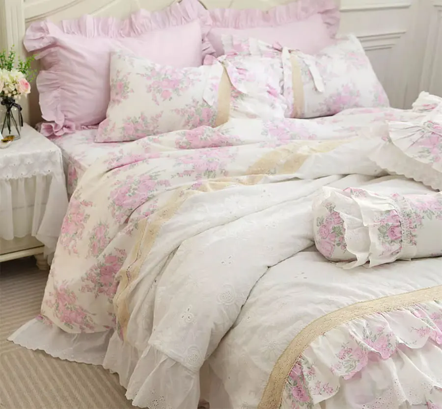 Romantic fairyfair lace pink floral bedding set,full queen king cute sweet cotton home textile bedspread pillow case quilt cover