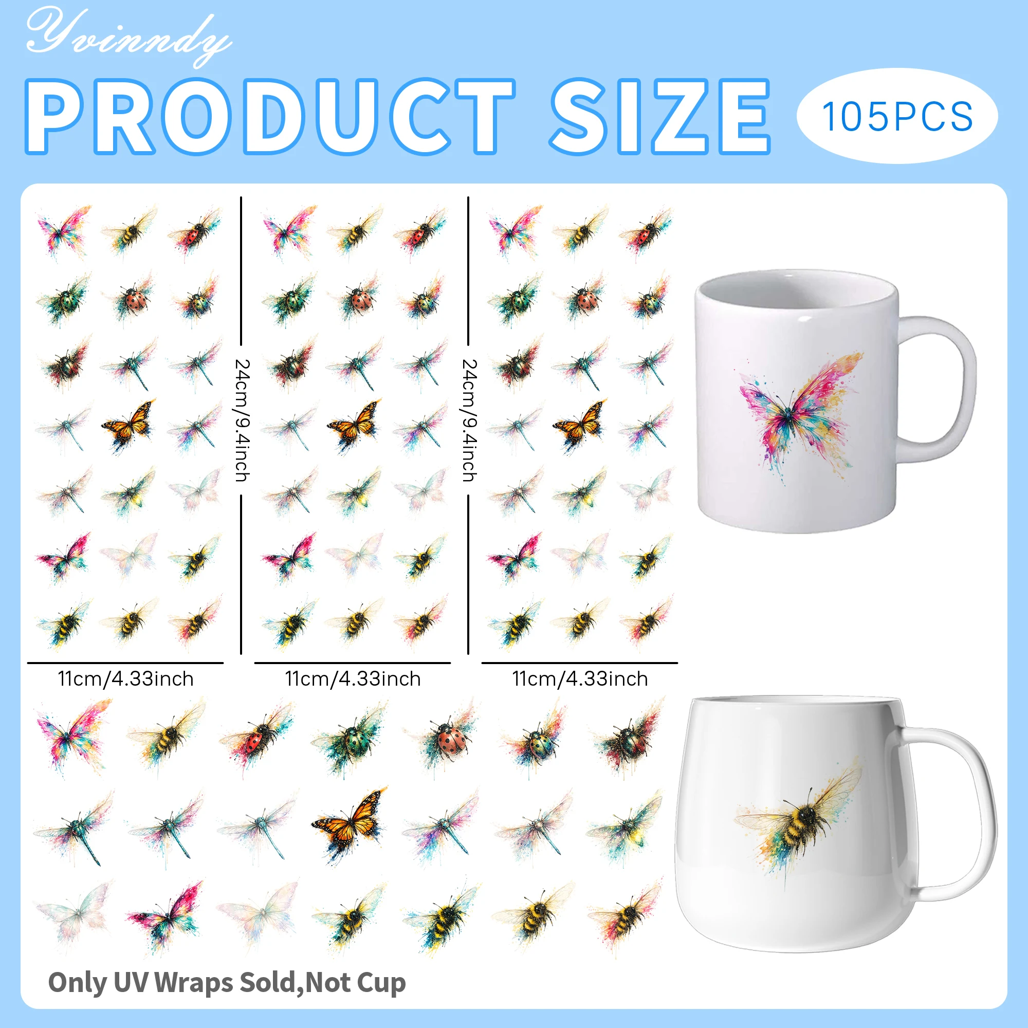 105Pcs/Set Watercolor insect collage paintings Transfer Sticker DIY Craft Kits with Crystal Label 16oz Glass Jars Wrap Stickers