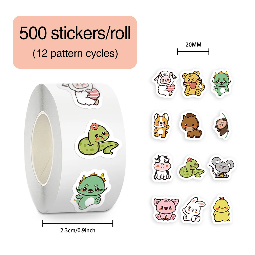 

500pcs/roll Cute 12 Zodiac Animal Cartoon Stickers Sealing Label Sticker DIY Laptop Phone Notebook Kids Reward Decals Toy Gift