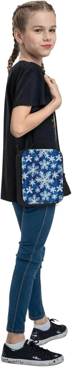Fiambrera para adultos con estampado de copos de nieve azules y blancos para mujeres y hombres, bolsa térmica pequeña aislada con correa ajustable para el hombro