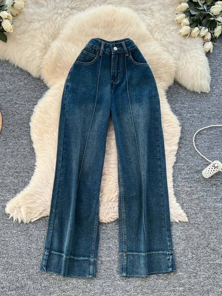 

Корейские широкие джинсы с высокой талией, женские модные дизайнерские швы, декоративная осенняя коллекция, универсальные брюки из девяти предметов