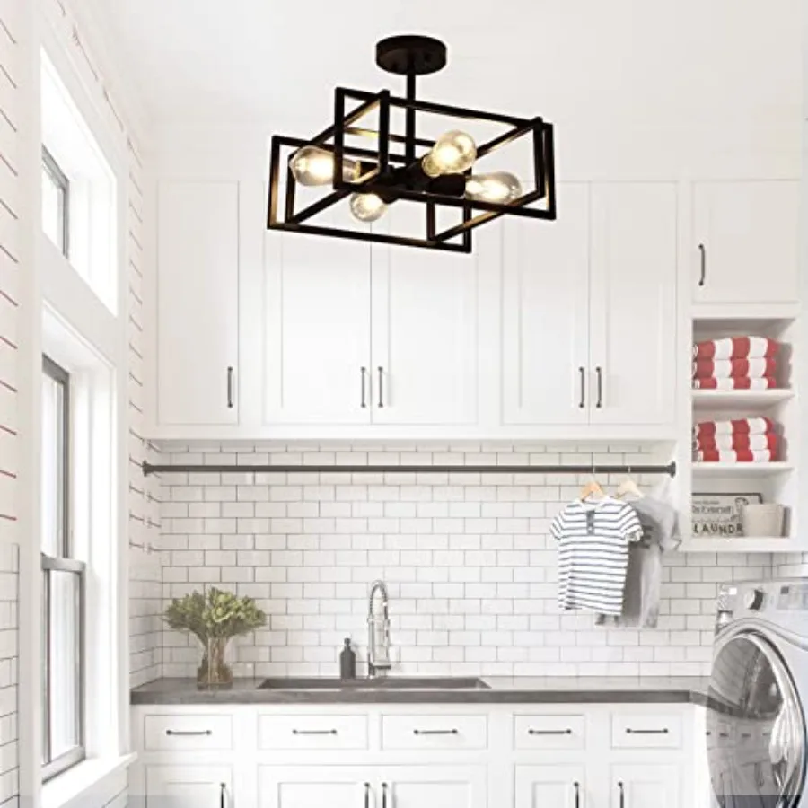 Black Ceiling Light Fixtures - 4-Light Industrial Farmhouse Flush Mount Ceiling Lighting, Vintage Metal Chandelier Ceiling Lamp