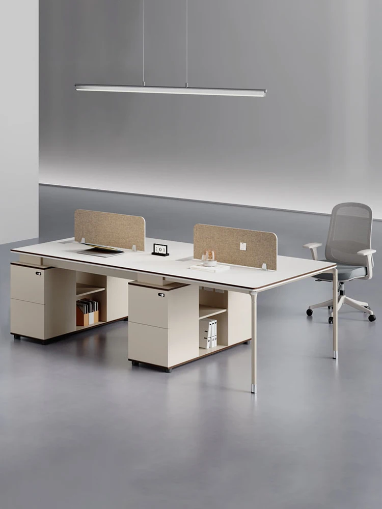 

Simplified combination of office desks and chairs for employees, modern office workstations, screens, double 4-6, 6-seater