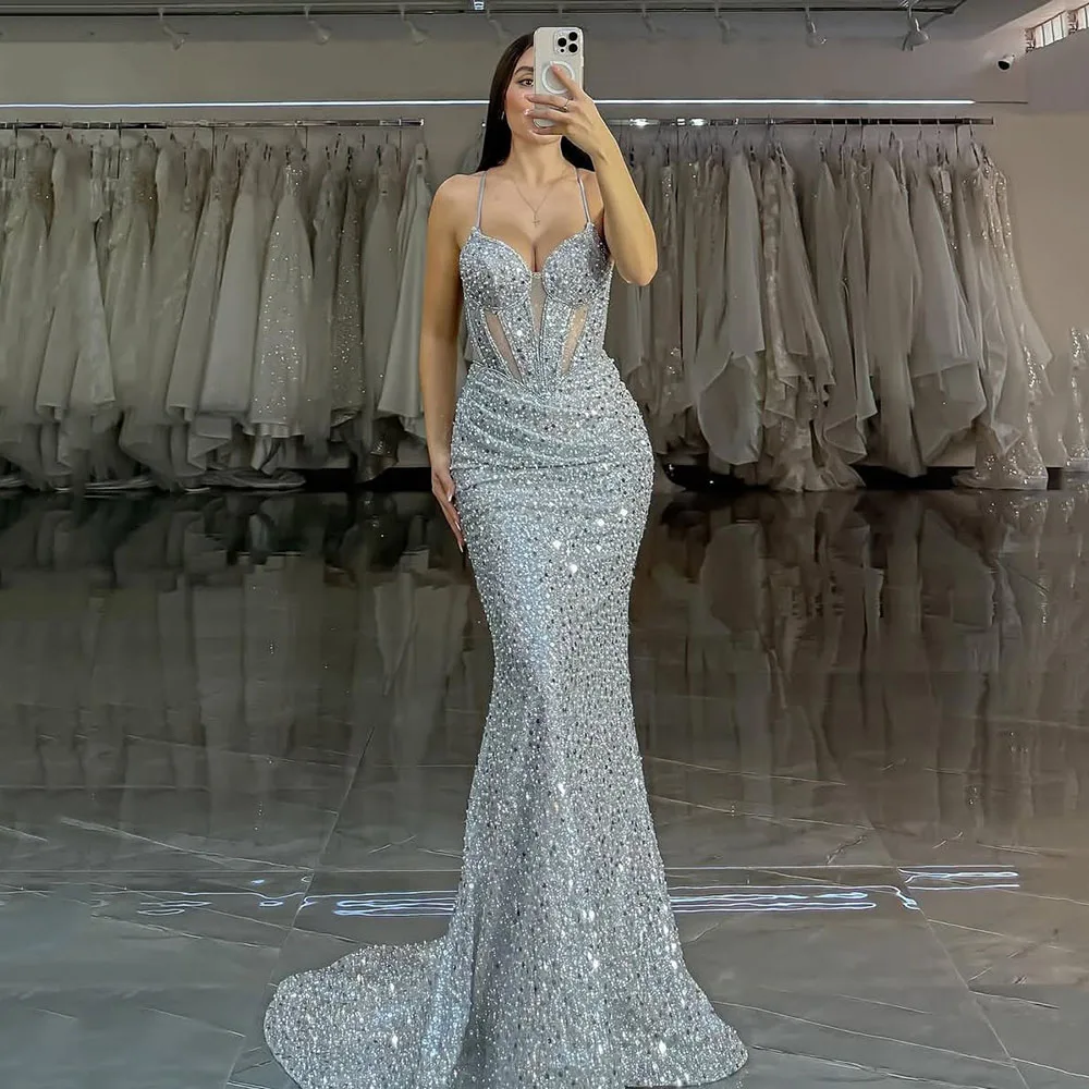 

Msikoods Customized Sparkly Mermaid Party Gown 2025 Spaghetti Straps Corset Evening Dress Sexy Prom Dress Beaded Formal Gown
