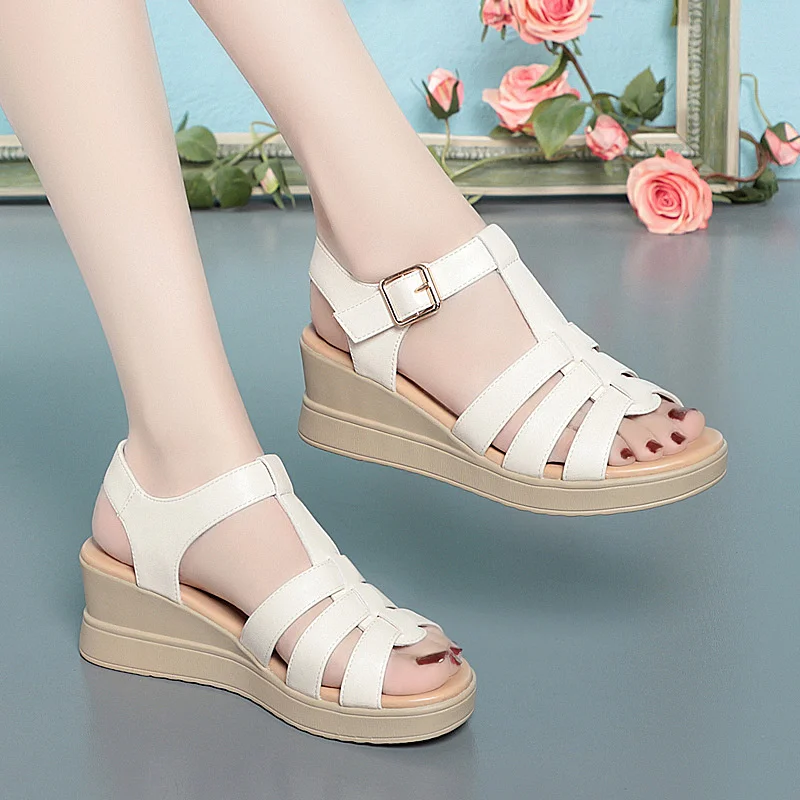 Ankle Buckle Wedge Sandals for Women Summer 2024 Patchwork Platform Breathable Comfort Non-slip Soft Sole Gladiator Sandals