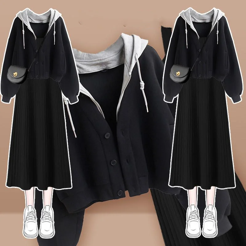 Women\'s Clothes Spring Autumn Single/Outfits 2024 Korean Fashion Casual Hooded Coat Knit Dress Suits Casual Jacket Two Piece Set