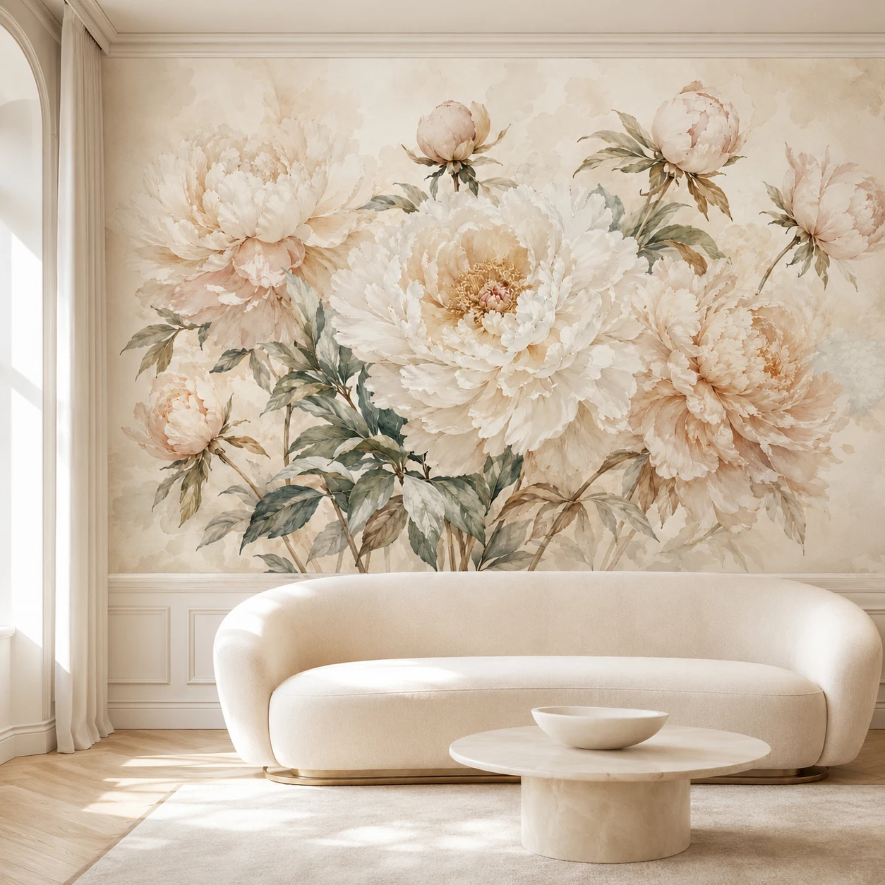 French Cream White Peony Watercolor Floral Wall Mural Custom Wallpaper Living Room Decor, Glue Not Included