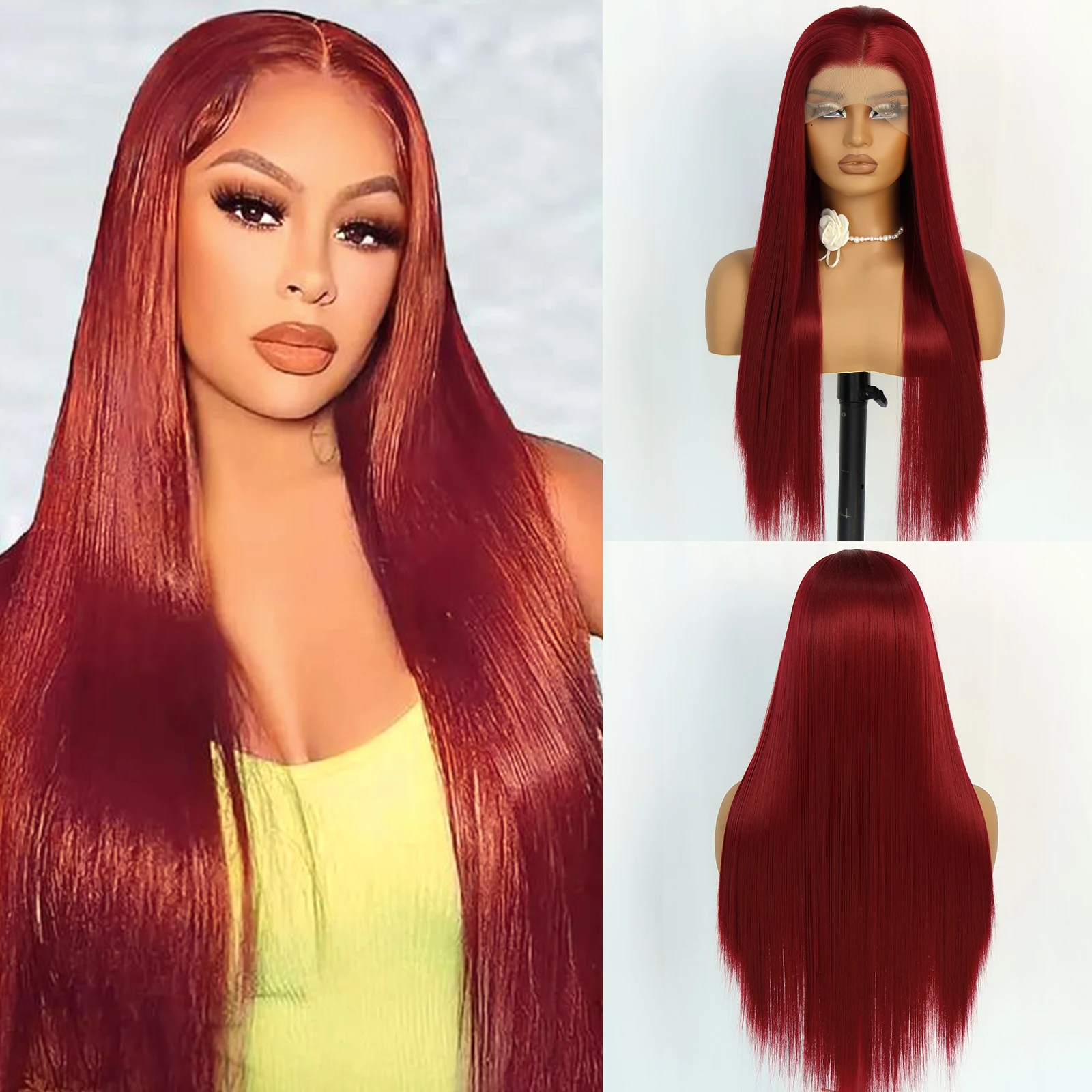 

Aubree Синтетический парик фронта шнурка 13*4 для ежедневного использования, вечеринки и косплея, красные волосы, длинные прямые 28 дюймов, плотность 180%, бесклеевой парик