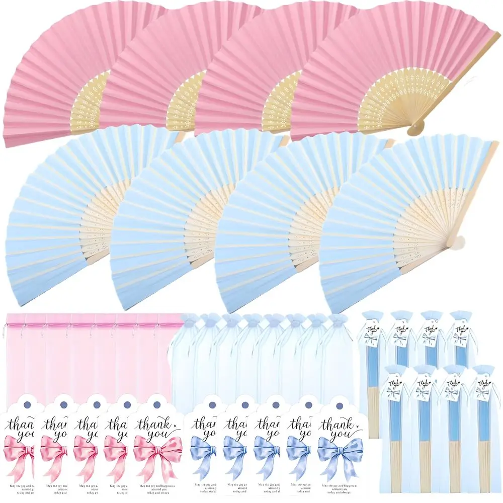 15/45pcs Blue/Pink Paper Folding Fans with Organza Bags & Thank You Bow Tags Wedding Party Favor Gift Set YMY