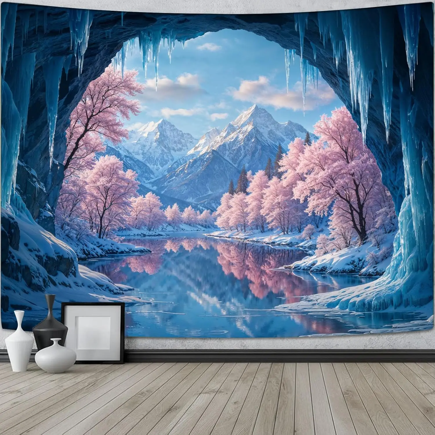 Stunning Sakura Cherry Blossom Spring Winter Landscape Tapestry Wall Hanging Blue Mountain Waterfall Nordic Home Decor Decoratio