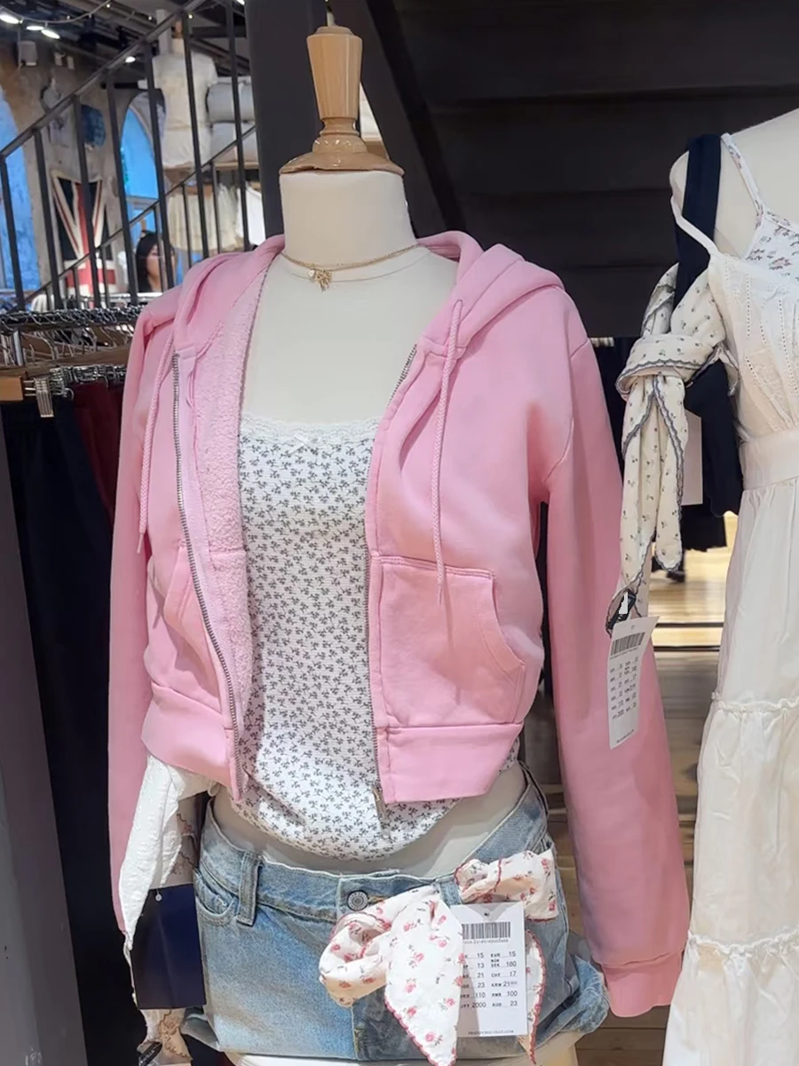 

Розовая милая толстовка на молнии для женщин, осенняя хлопковая толстовка с капюшоном и длинными рукавами на шнурке, повседневные простые толстовки в консервативном стиле, топ