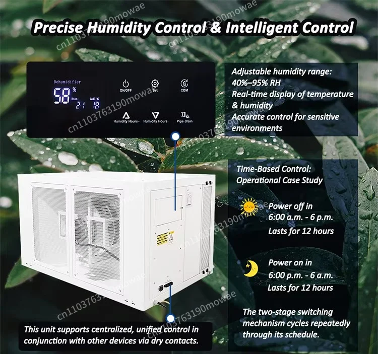 Deshumidificador industrial de techo para invernaderos, de bajo consumo, adecuado para carpas de cultivo agrícola.