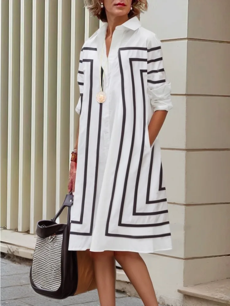 Freeacy Autumn New Cotton-Blended Shirt Dress for Women Long Sleeve Loose Fit Striped H-line Dress Office Ladies Commuter Dress