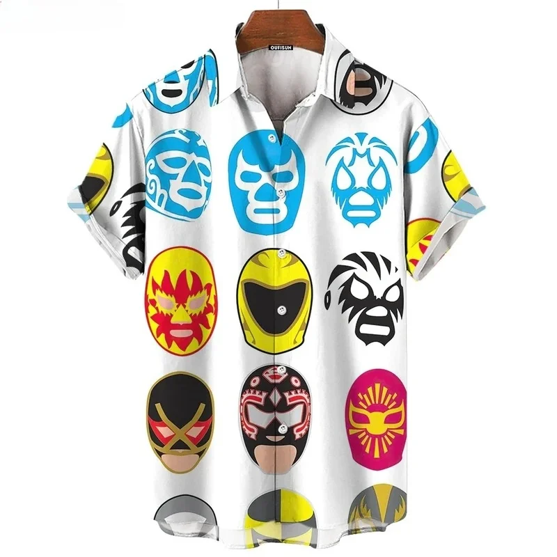 3D Mask Print Men's Shirt Summer Lucha Libre Short Sleeve Shirt Casual Hawaiian Shirt for Men Loose Clothing Mexican Wrestling