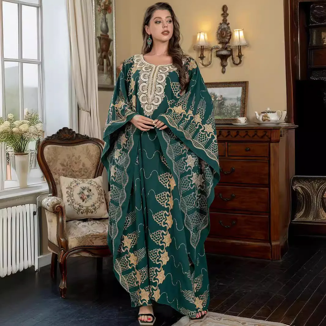 SW010 Muslim Women's Robe Dubai Embroidered Bat Sleeve Loose Swing Dress