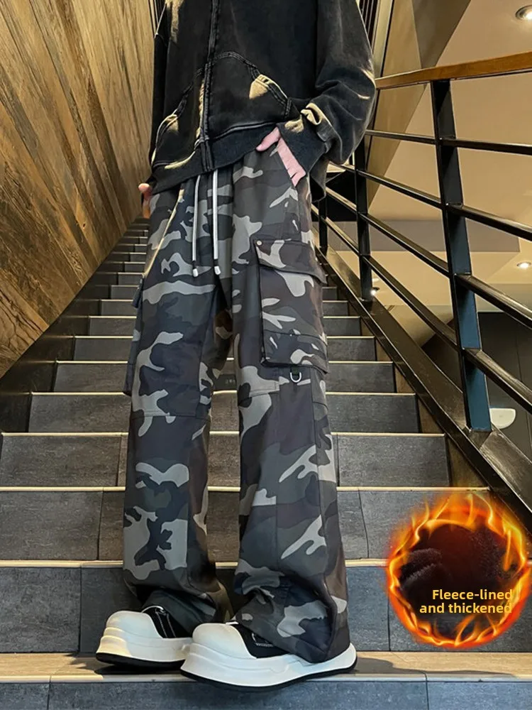 

Thiened Fce Camouflage Work Pants Men's High Waist Straight Leg Paratrooper Pants Autumn Winter Long Floor-Length Pants