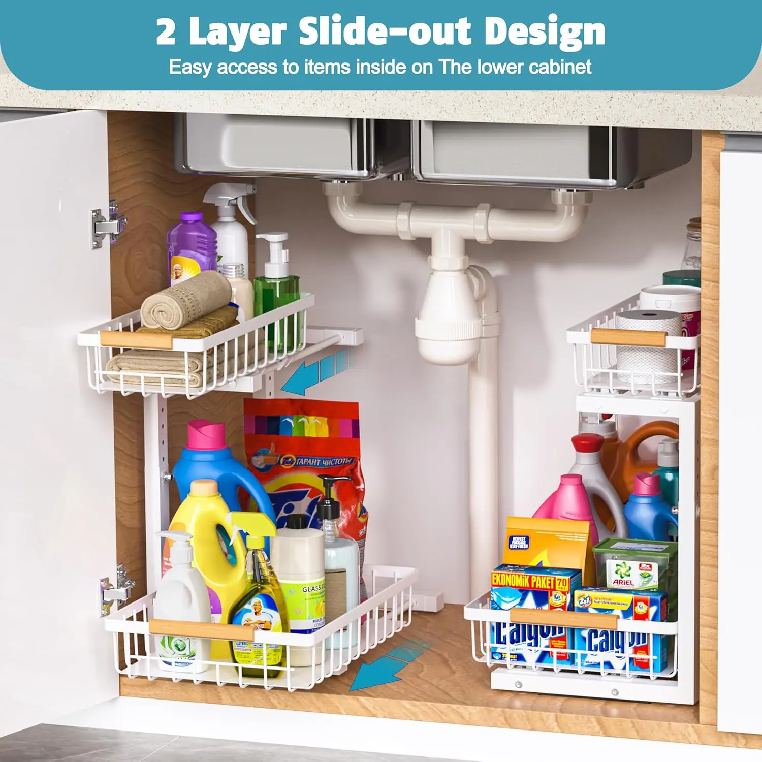 2 Tier Slide Out Under Sink Organizers And Storage, Height Adjustable Pull Out Cabinet Organizer Drawers