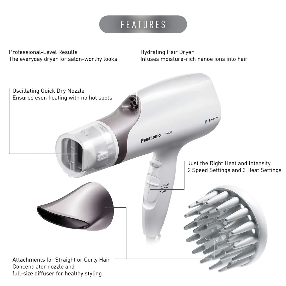 Nanoe Salon Hair Dryer with Oscillating QuickDry Nozzle, Diffuser and Concentrator Attachments, 3 Speed Heat Settings