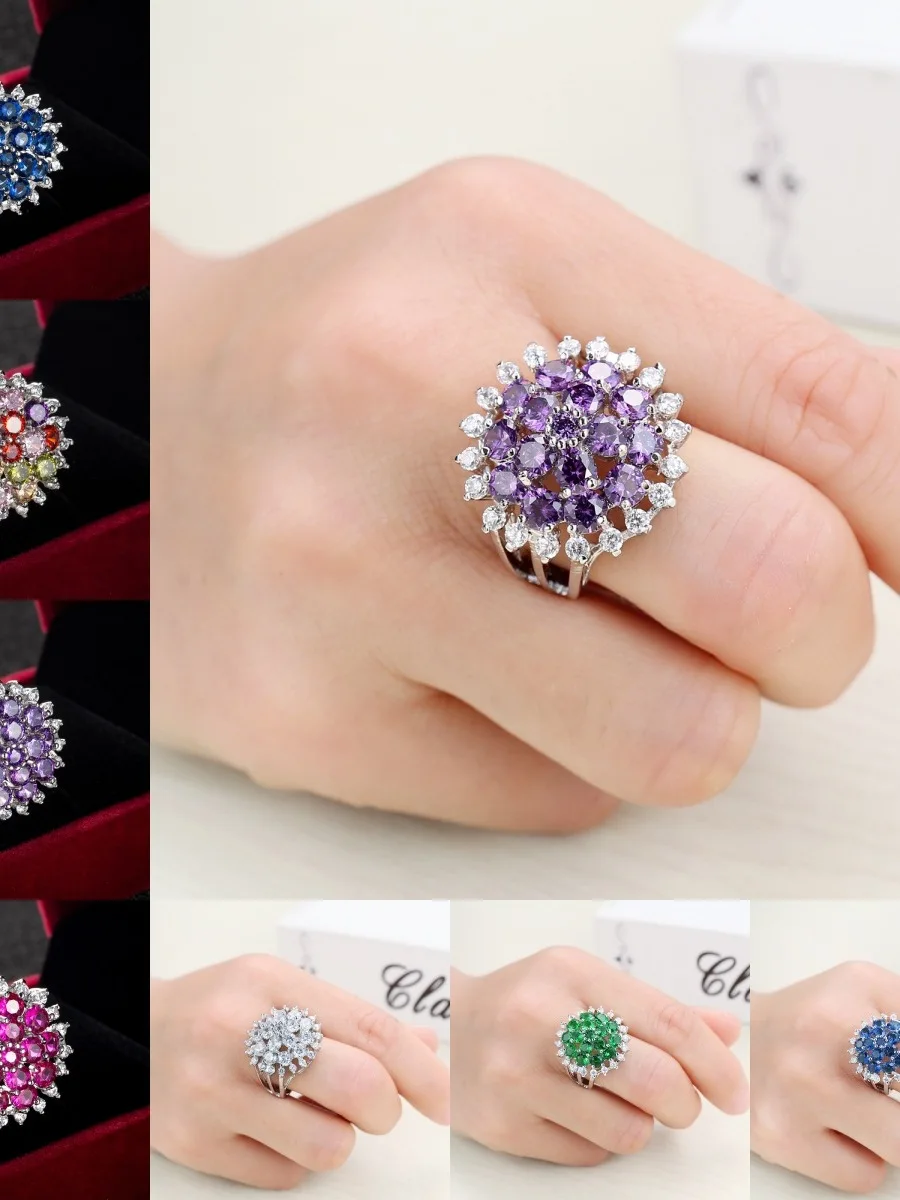 

Exaggerated Flower Design Zircon Ring for Women Copper Inlaid iny Ladies Faion Jewelry Personali round ape Platinum