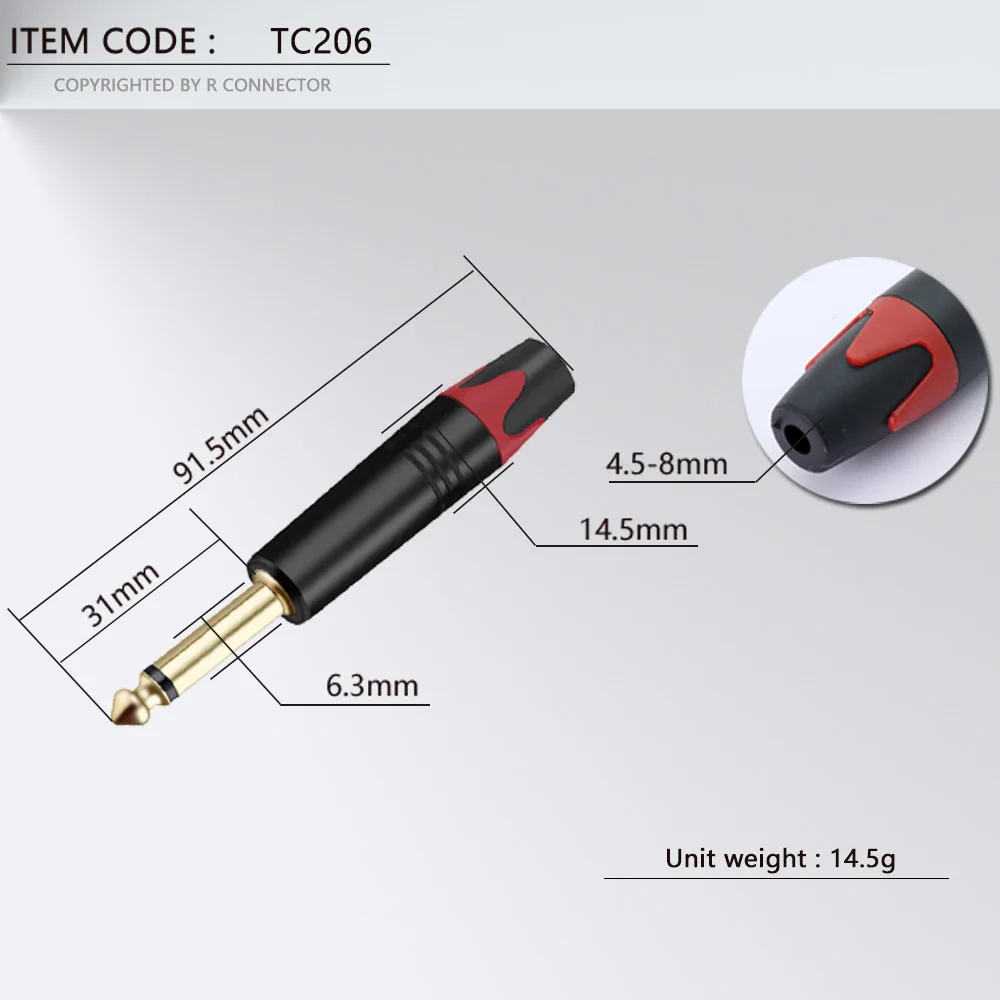 2PCS Mono 6.35MM Jack 6.3MM Male Plug Connector Aluminum Tube Brass Gold Plated 1/4 Inch Microphone Plug Audio Cable Connector