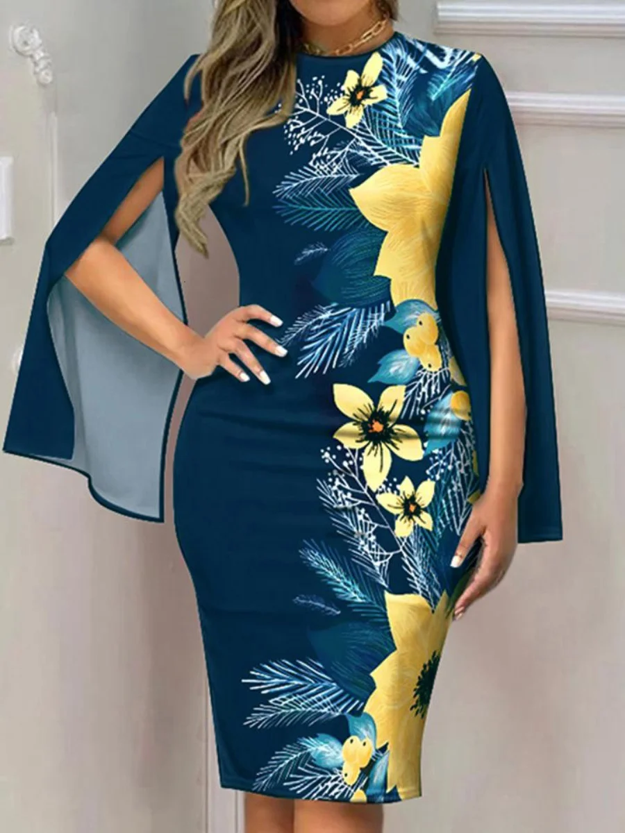 

LW Floral Print Split Sleeve Dress Casual Crew Neck Bag Hip Dress Patchwork Women's Clothing Knee Length Elegant Vestidos