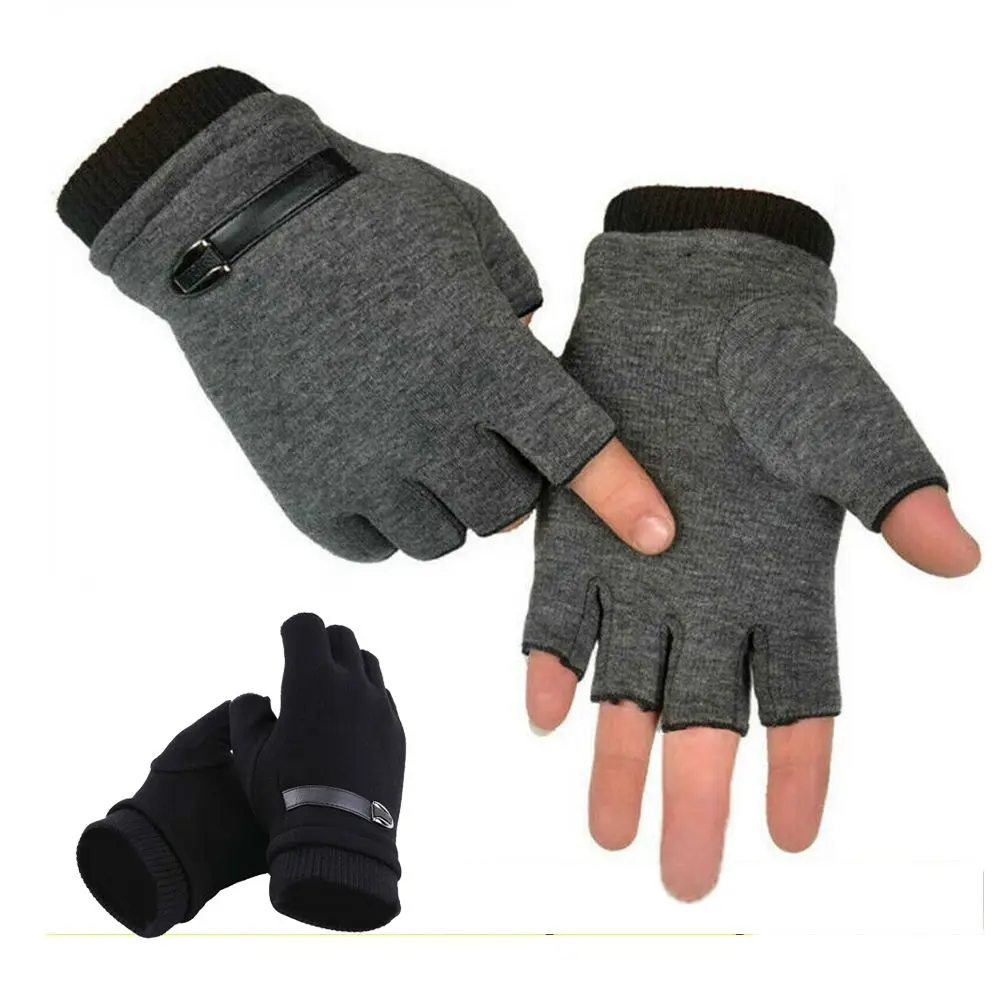 Warm Thick Knitted Mens Mittens Thermal Winter Gloves Half Finger