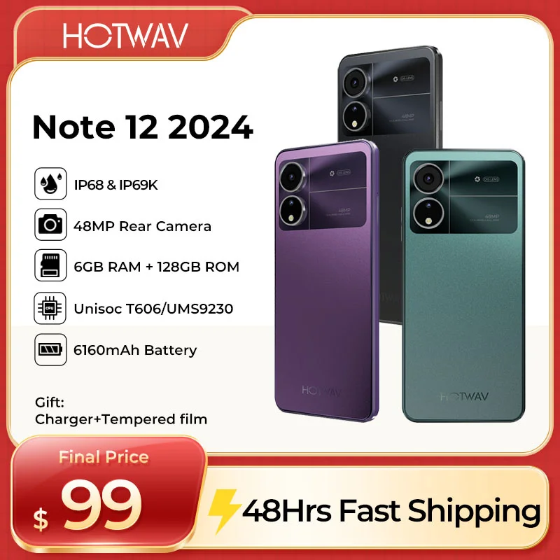 New HOTWAV Note 12 2024 Smartphone Android 14.0+5160MAH Cellphones 6+128GB 48MP+16MP+0.08MP Camera 6.8