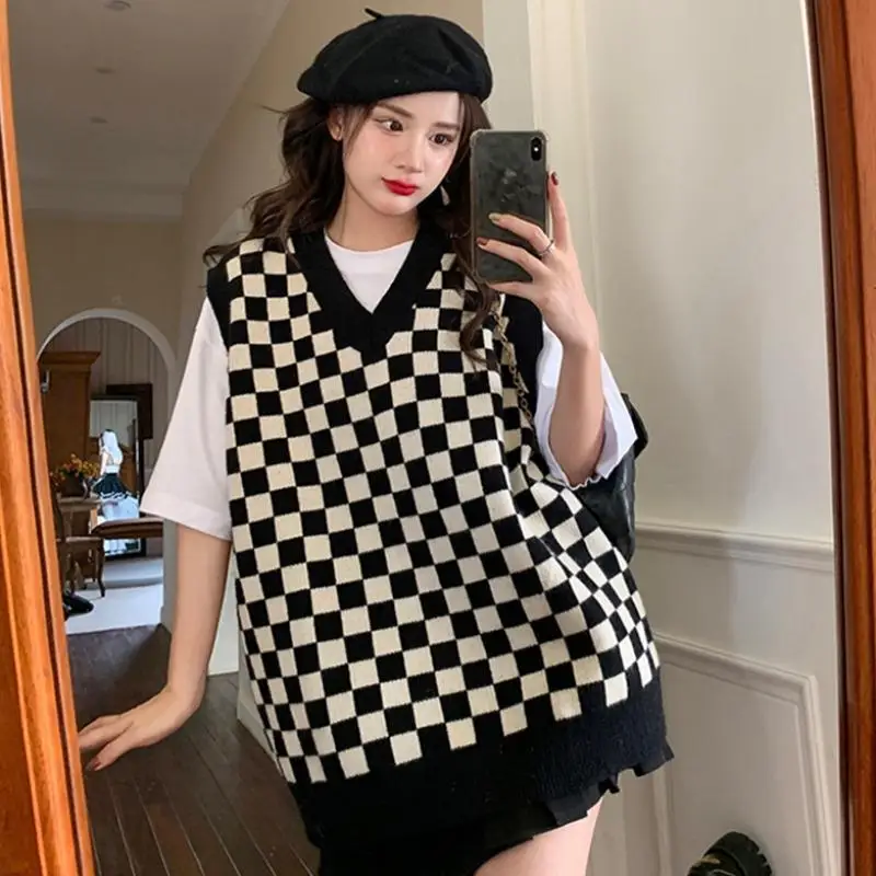 Chessboard Pattern Knitted Vest Sweater T-shirt for Women\'s Spring Autumn New Lazy Style Loose Slimming Youth Campus Style Top