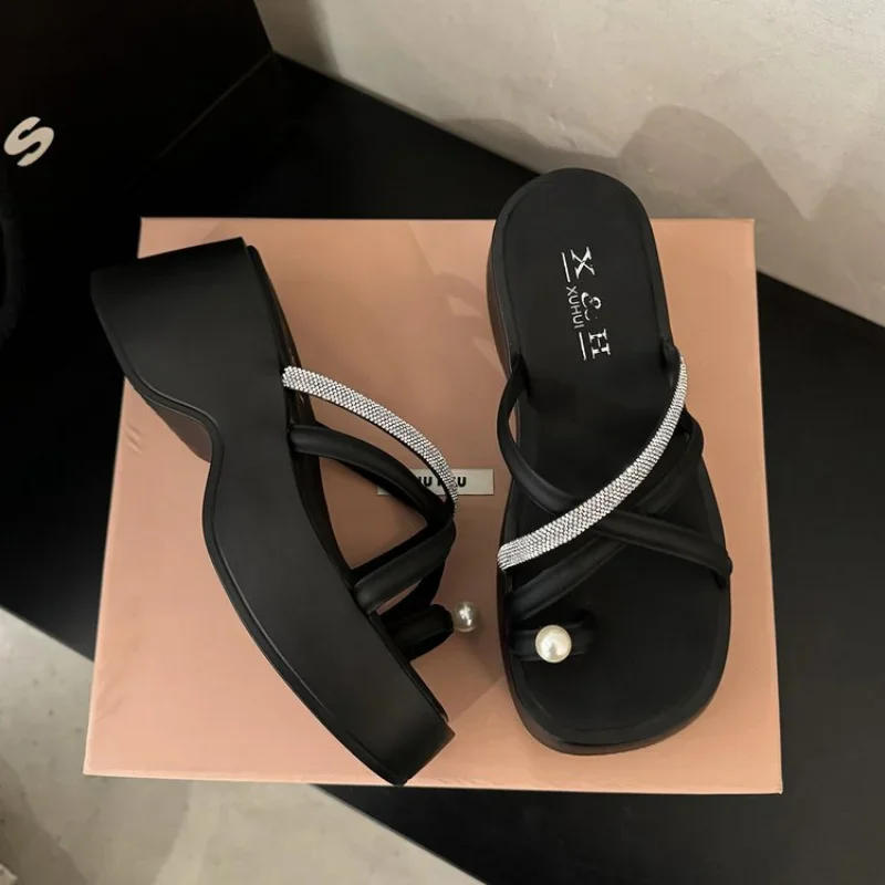 Women Wedges Pearl Slippers Beach Shoes Flats Platform Casual Sandals Summer Fashion New Flip Flops Female Party Dress Slides