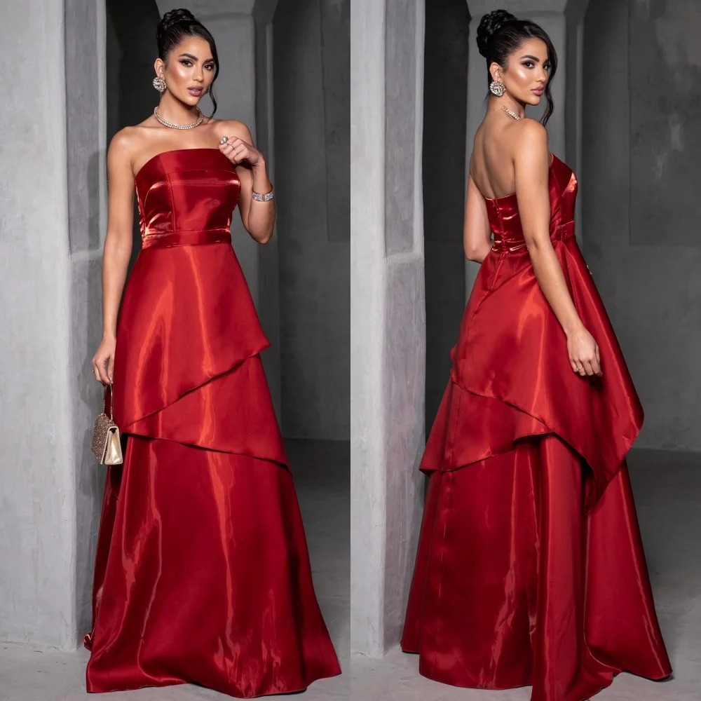 

Customized Simple Sizes Available Pleat Tiered A-line Strapless Long Dresses Bespoke Occasion Dresses Chinese Style Fashion