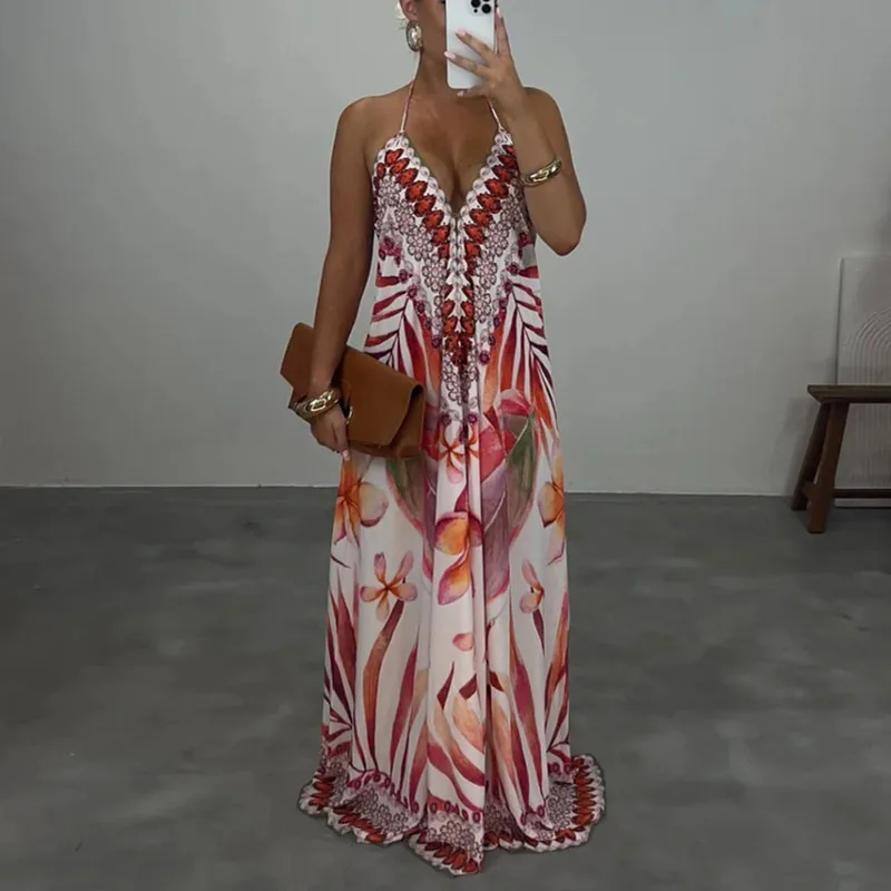 Summer New Deep V Neck Hollow Camisole Dress Woman Fashion Print Loose Swing Long Dress Sexy Lace-up Backless Boho Dress Vestido