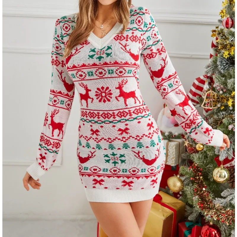 

Autumn/Winter Christmas Woman Red Elk Print Slim Knitted Dress Temperament Commuting Women's Elegant High Waist Pullover Dresses