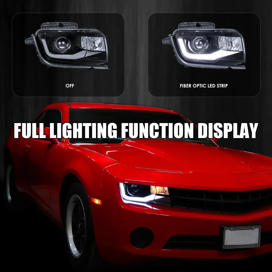 Glossy Black Smoke Projector Headlights w LED Tube Light Bar Compatible with 2010-2013 Chevy Camaro Left + Right Pair Headlamps