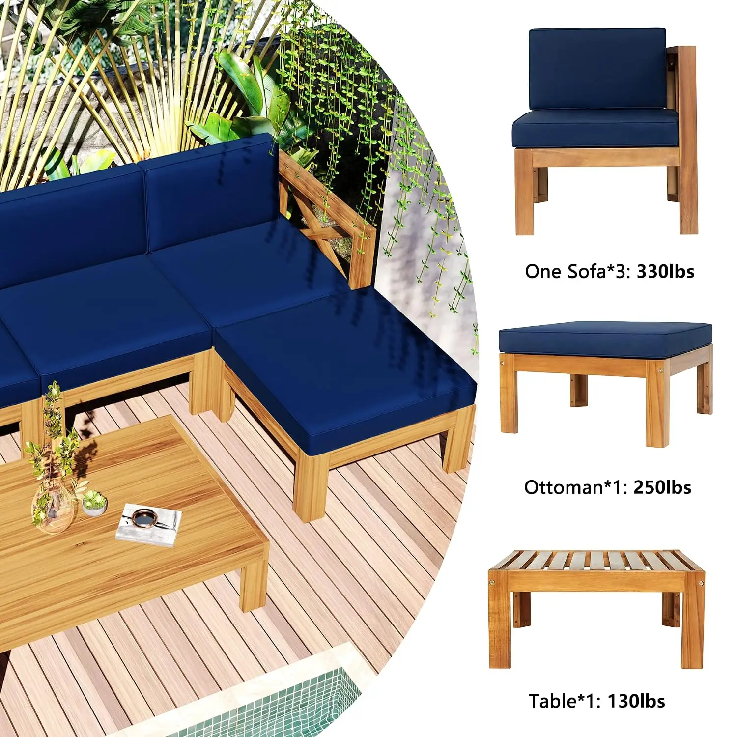 Outdoor Patio Wood 5-Piece Sectional Sofa Set with Cushions, Natural+Blue, Customized