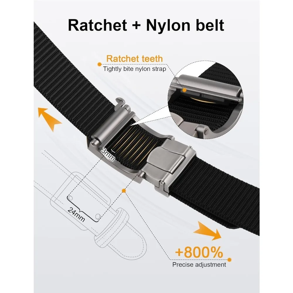 Ratchet Belt for Men, Nylon Web Tactical Belt with Automatic Slide Buckle, Adjustable Trim to Fit