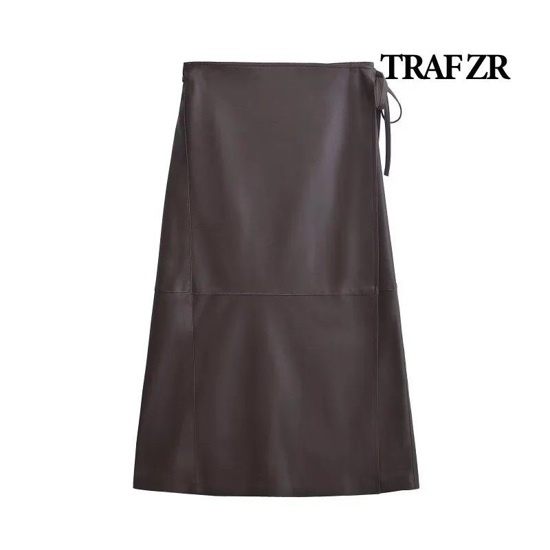 TRAF ZR Smooth Skirt for Women England Style Midi Leather Skirt Evangelical Women\'s Skirts Luxury Elegant Women\'s Skirts