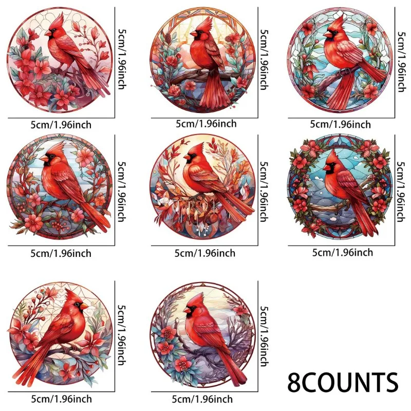 

8pcs Stained Glass Red Cardinal Bird UV DTF Stickers, Waterproof Sticker Pack for Decorating Mugs, DIY Supplies，Home Decoration