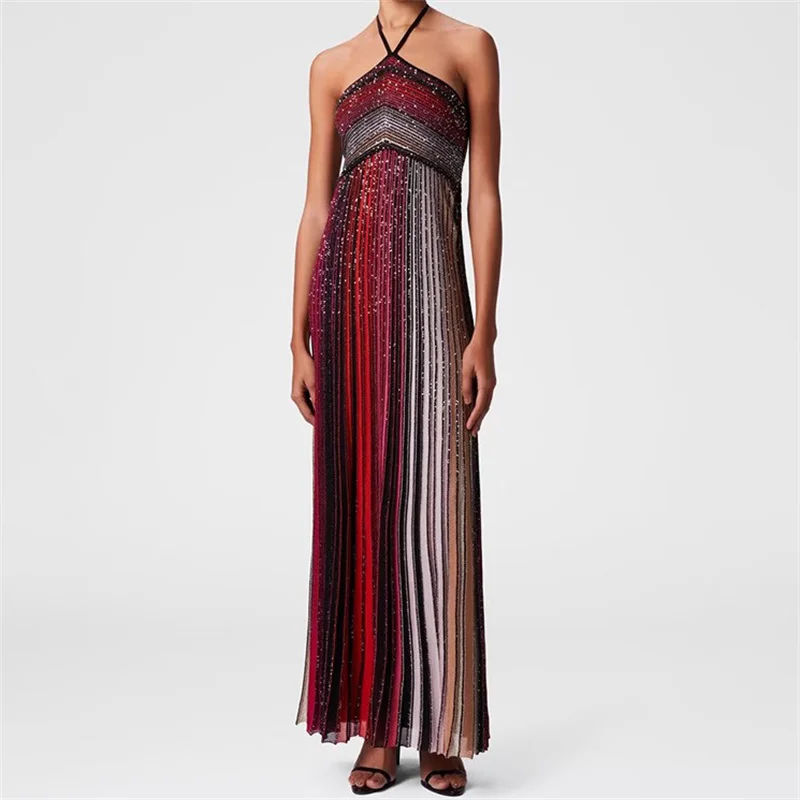 

Women's dress New elastic knitted slim sleeveless long dresses for summer 2025 Metal yarn blended backless dress Evening dresses