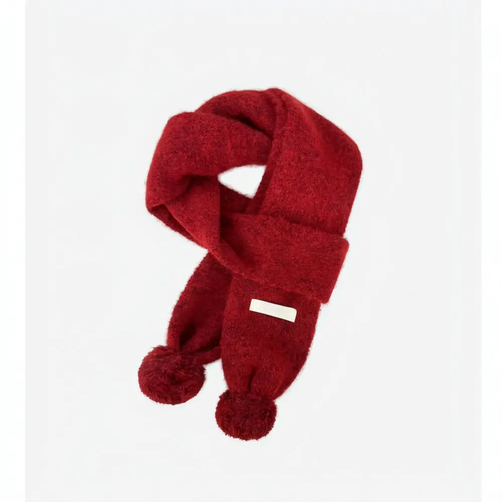 Elegant Long Plush Scarf Winter Women Warm Knitted Wrap Soft Fashion Neck Warmer Pom Pom Decor Solid Color Shawl